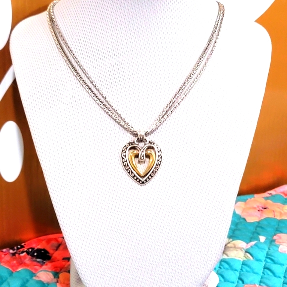 BRIGHTON ELLINGTON OPEN DOUBLE HEART TRIPLE CHAIN NECKLACE RETIRED NWOT